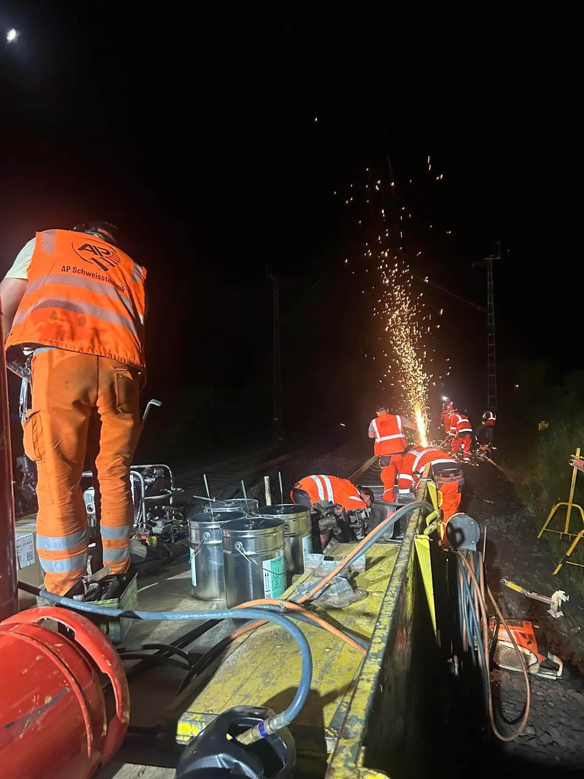 Schweißteam bei aluminothermischer Arbeit im Gleis bei Nacht